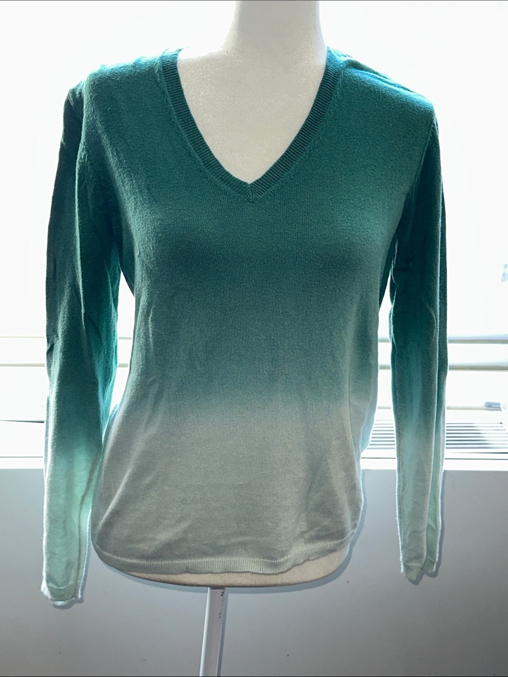 Elliott Lauren Teal to Cream Ombre V-Neck Sweater